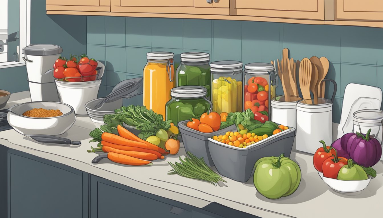 A kitchen counter with various containers filled with prepped food, alongside fresh produce and cooking utensils