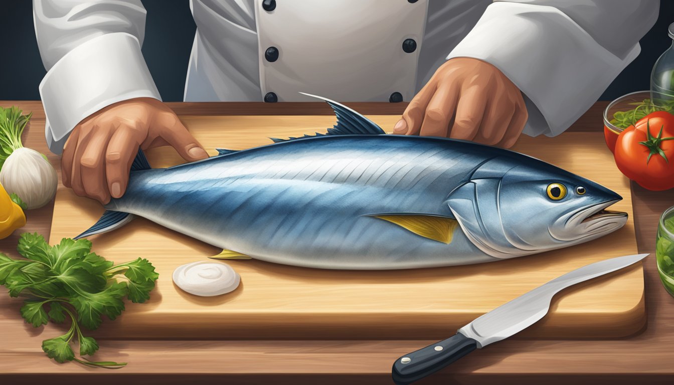 A chef fillets a yellowfin tuna on a clean, sanitized cutting board, following proper food safety protocols