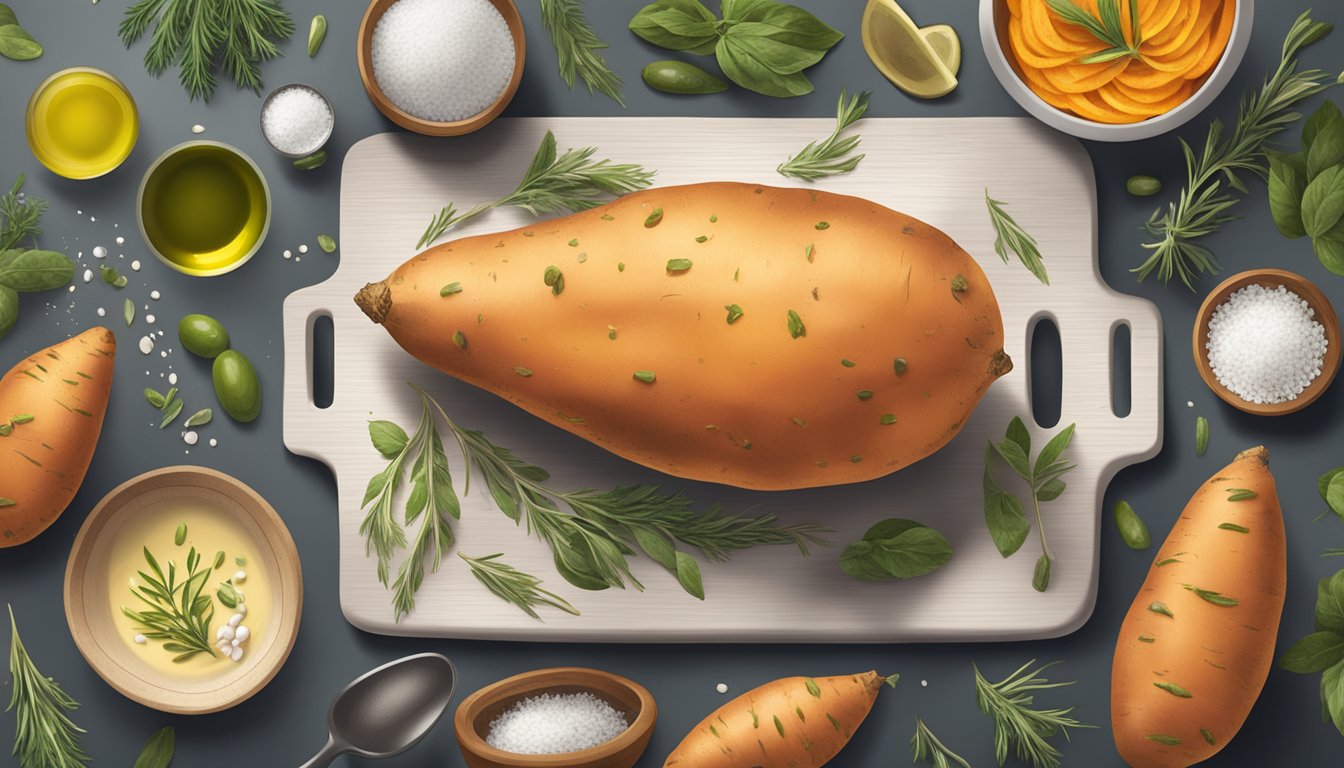 A whole sweet potato placed on a cutting board, surrounded by various cooking utensils and ingredients such as olive oil, salt, and herbs