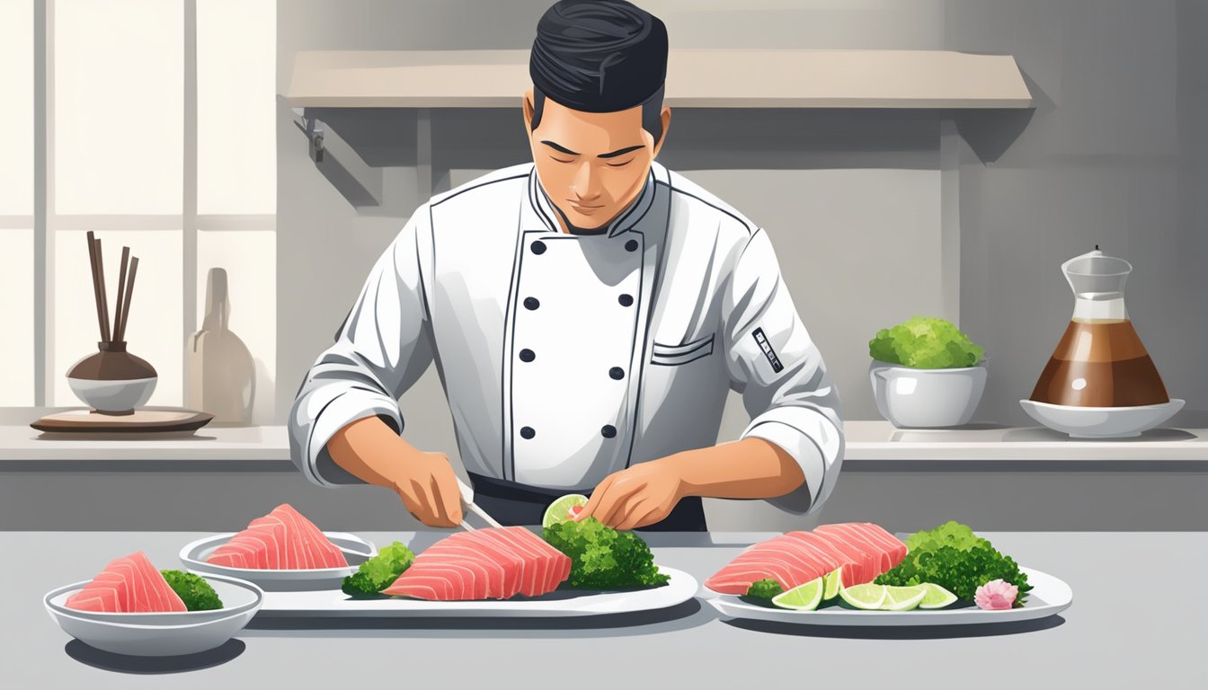 A chef preparing yellowfin tuna sashimi with soy sauce and wasabi on a clean, white plate