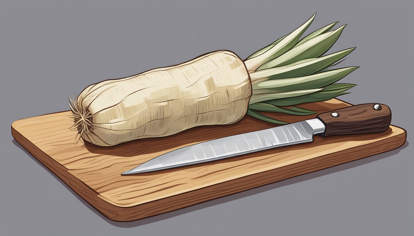 A whole yucca root with a peeled section, surrounded by other root vegetables and a knife on a cutting board