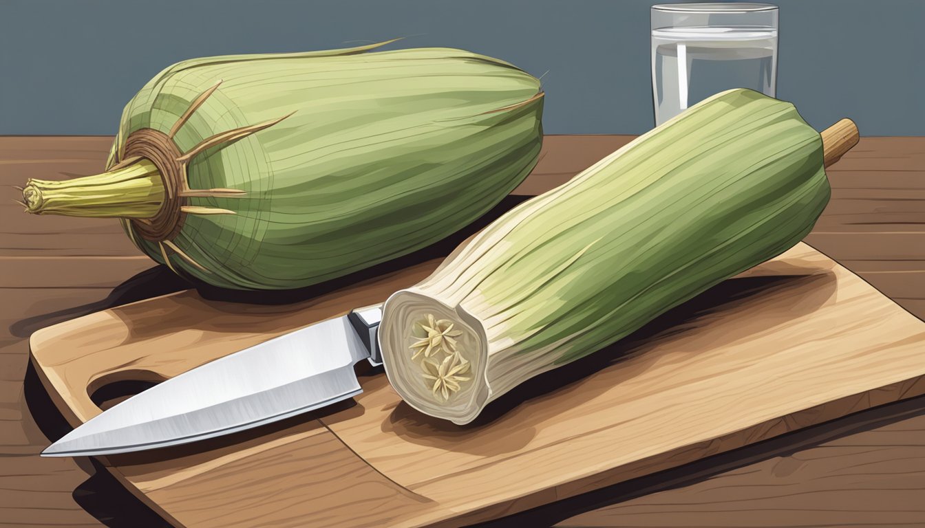 A yucca root, peeled and sliced, sits on a cutting board next to a knife and a pot of boiling water