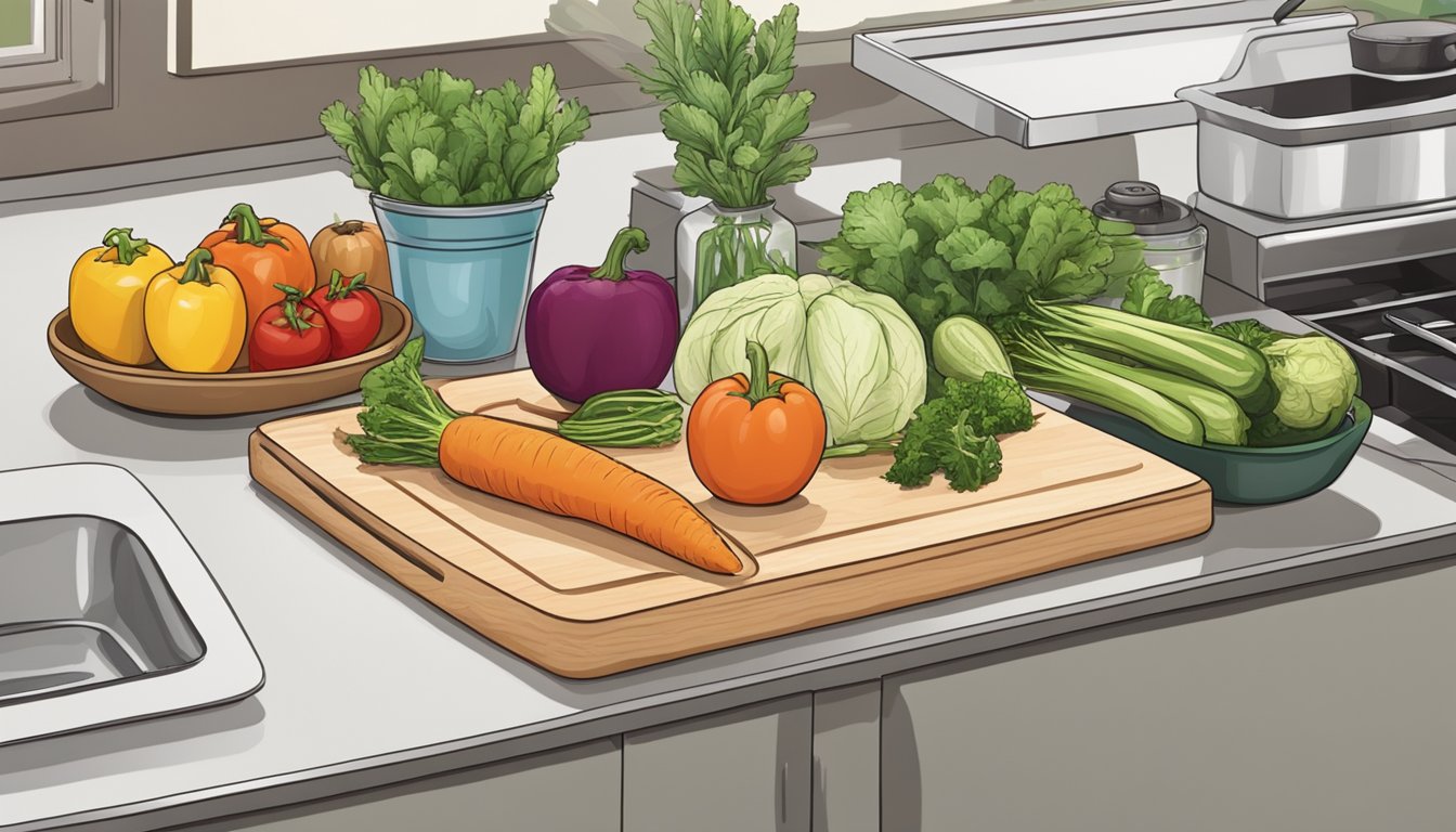 A kitchen counter with assorted vegetables, cutting board, knife, and containers for meal prepping for a family of four