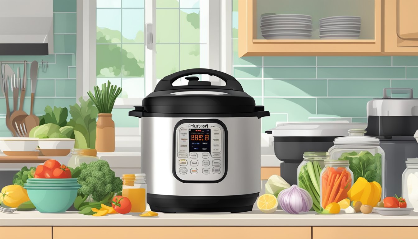 A kitchen counter with an Instant Pot surrounded by various fresh ingredients and containers for meal prepping