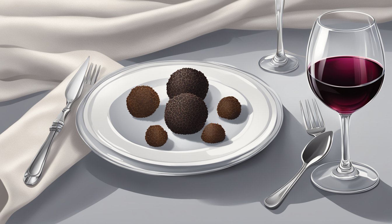 A white plate with a single truffle surrounded by delicate silver utensils and a linen napkin. A glass of red wine sits nearby