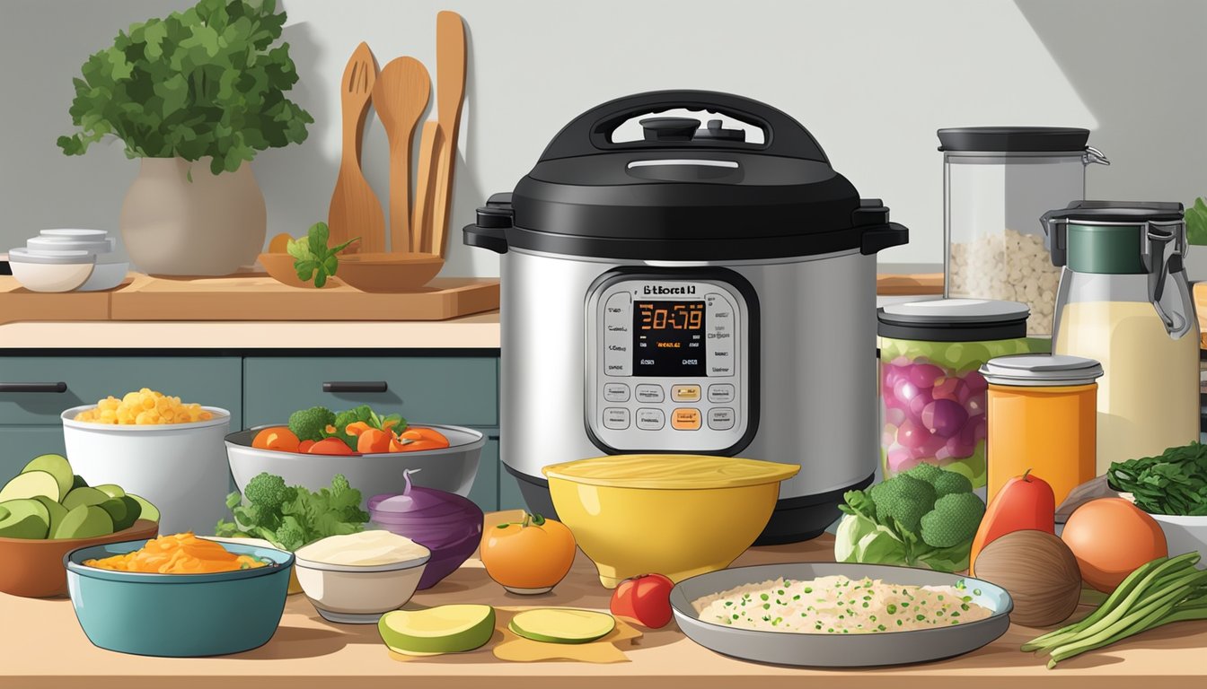 A kitchen counter with an instant pot surrounded by various ingredients, cutting boards, and containers for meal prepping