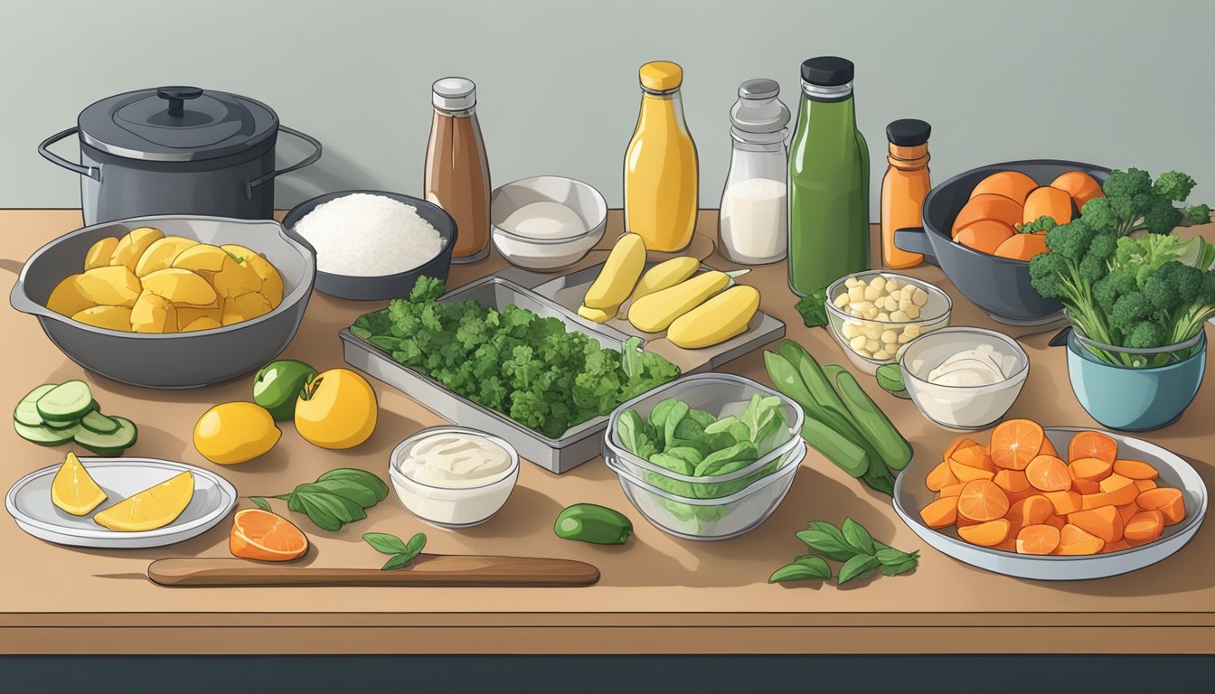 A kitchen counter with various fresh ingredients, cutting boards, and cooking utensils laid out for meal prepping