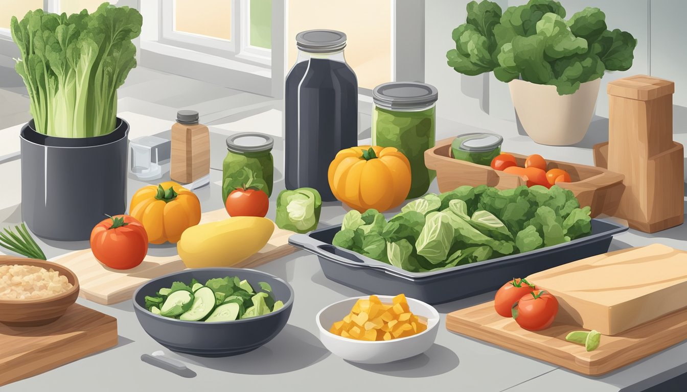 A kitchen counter with various fresh ingredients, cutting boards, and meal prep containers laid out for a family of four