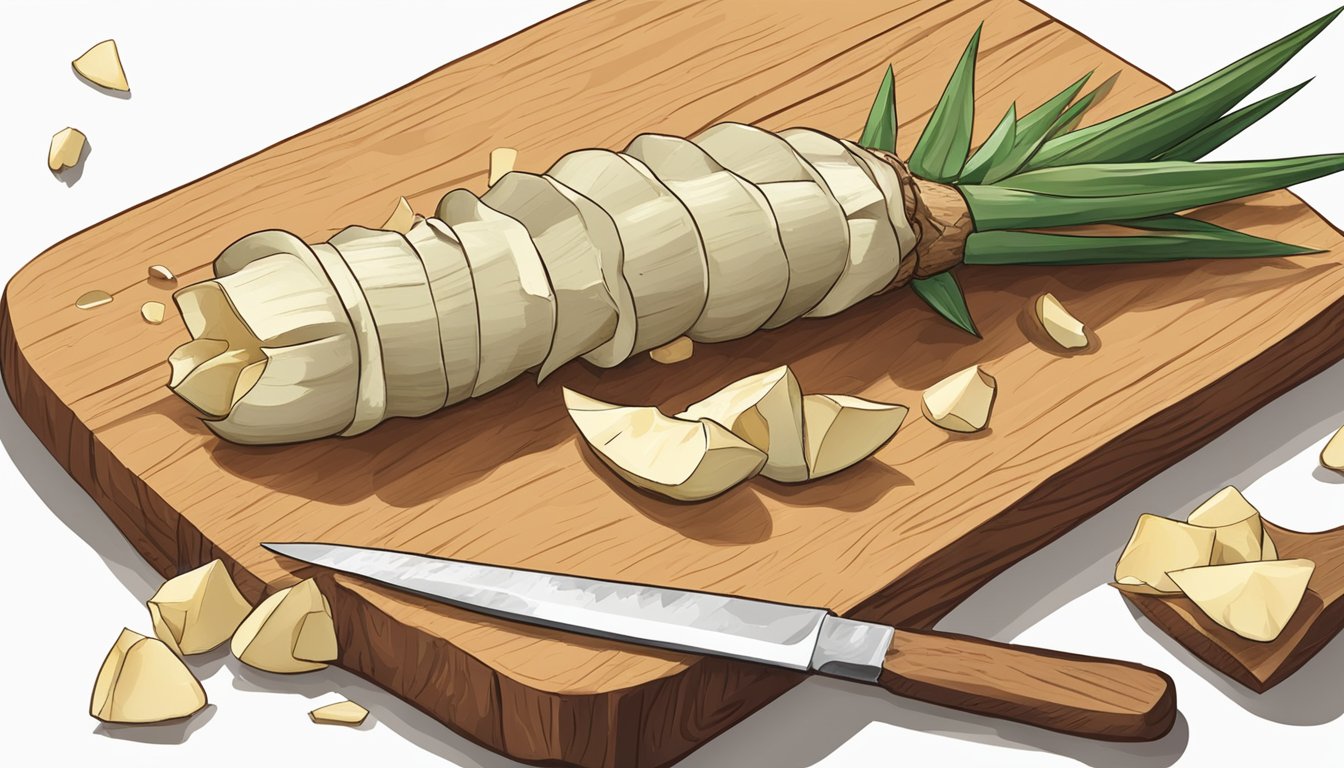 A yucca root being peeled and chopped on a wooden cutting board, with scattered pieces and a knife nearby