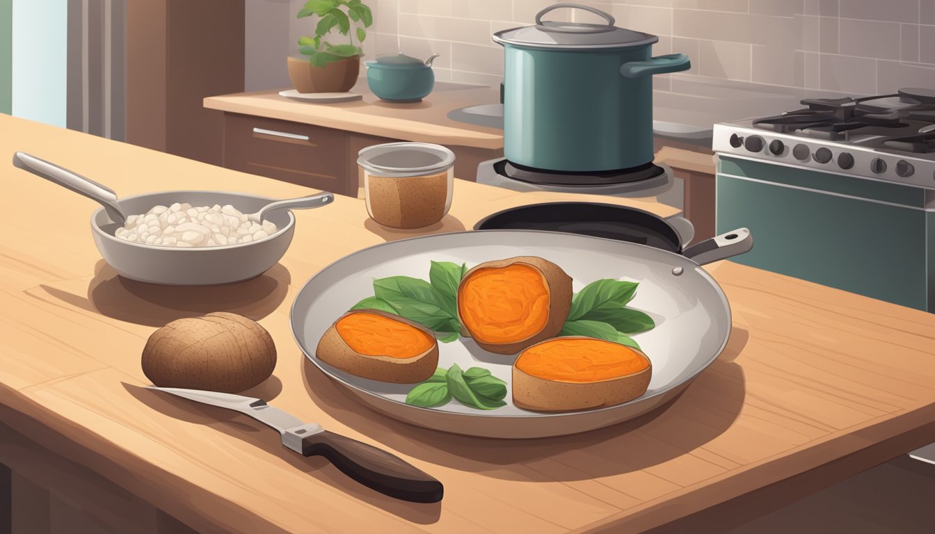 A yam sits on a cutting board with a knife and peeler nearby. A pot of boiling water and a steamer are on the stove. A plate of cooked yam slices and seasoning is on the table