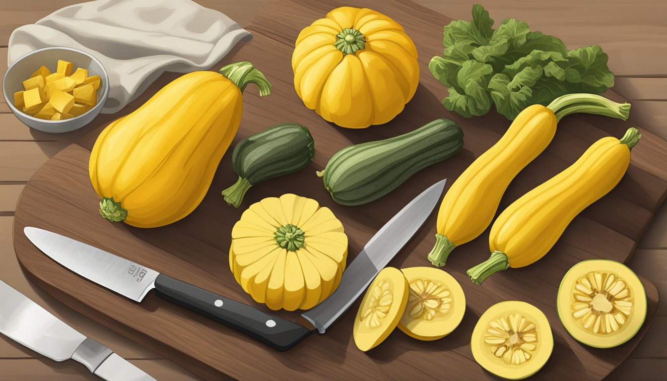 A variety of yellow squash arranged on a cutting board, with a chef's knife beside them