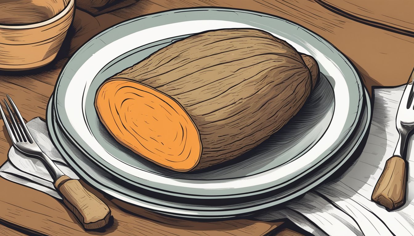 A whole yam on a plate with a fork and knife beside it, ready to be sliced and eaten