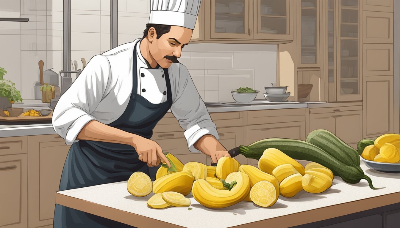 A chef slicing and seasoning yellow squash on a cutting board