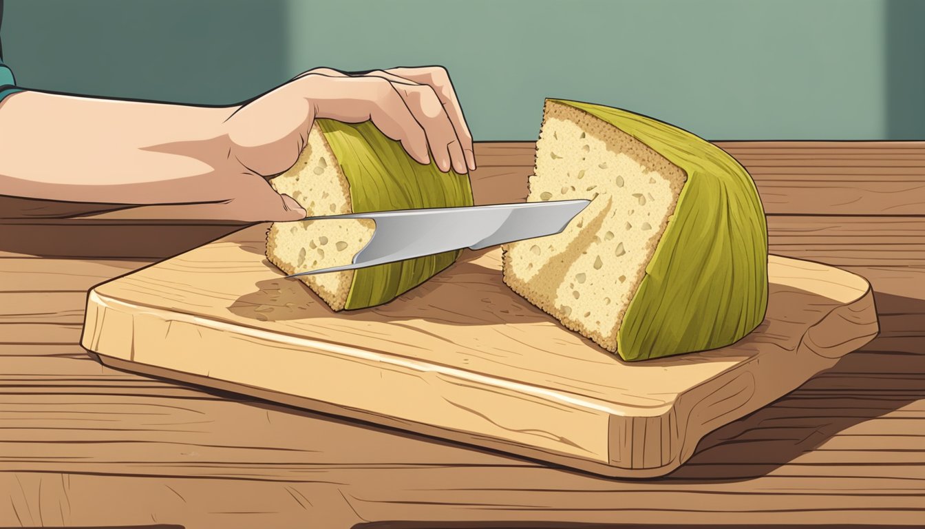 A person slicing a yucca cake on a wooden cutting board