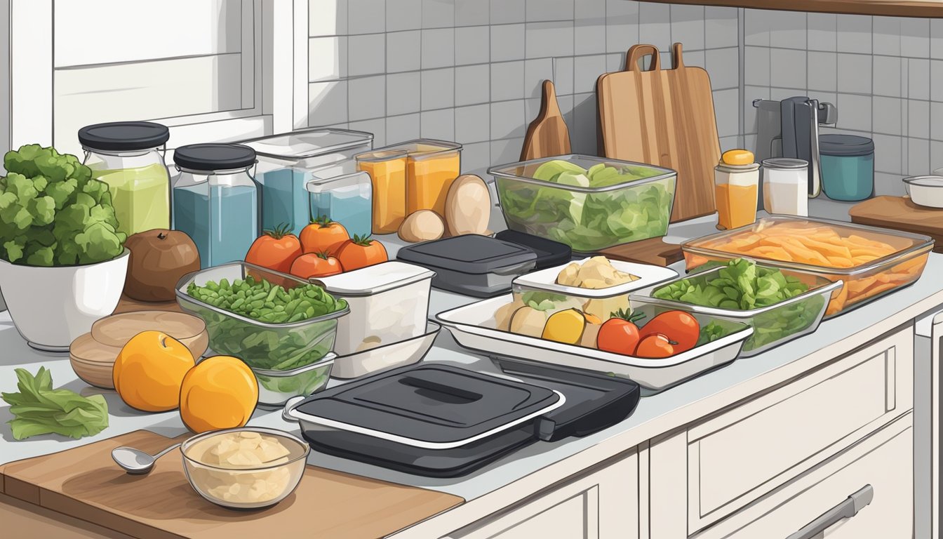 A neatly organized kitchen counter with various meal prep containers, a cutting board, and fresh ingredients ready for use