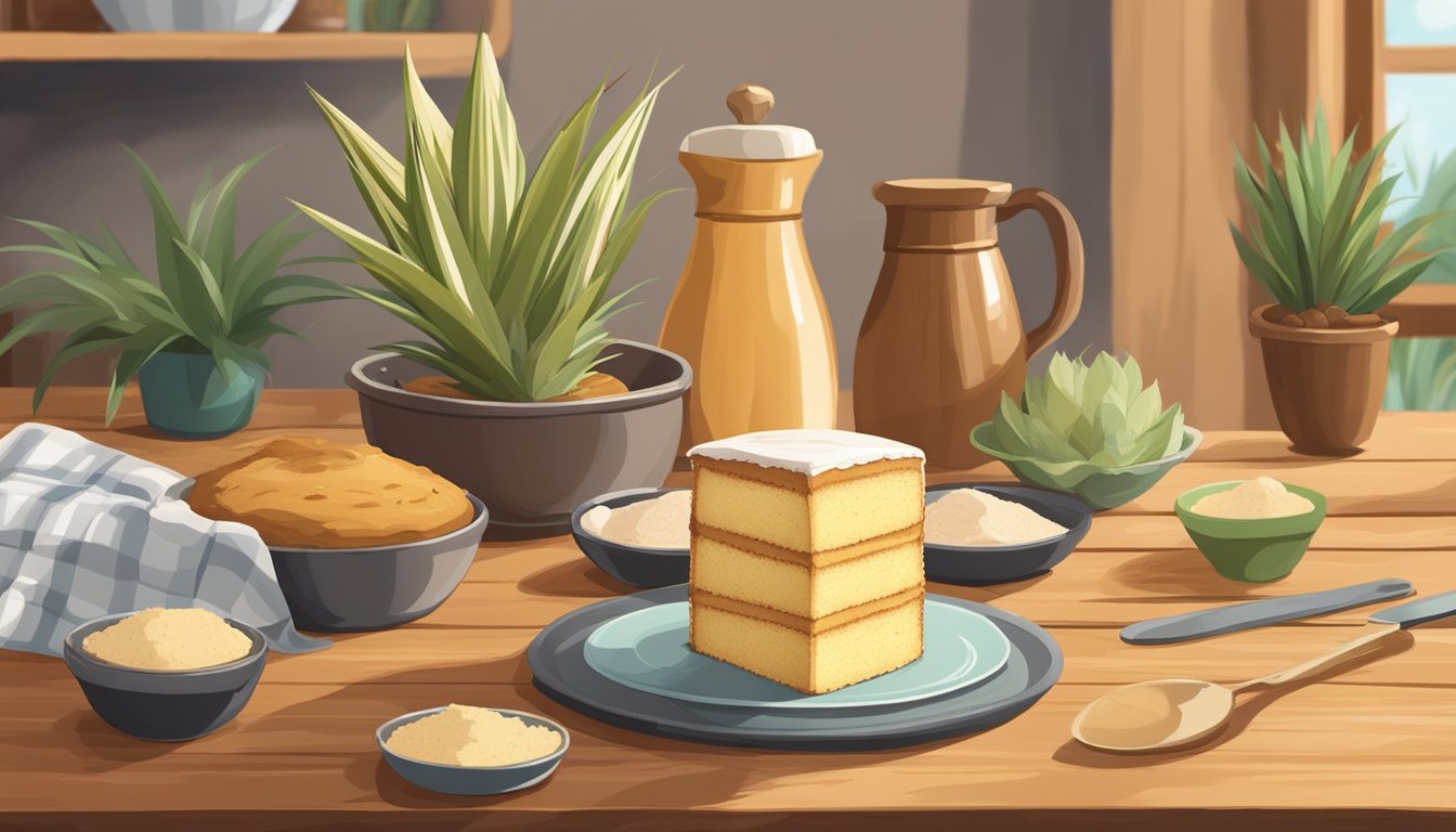 A yucca cake sits on a wooden table, surrounded by baking ingredients and utensils. The cake is golden brown and emits a warm, inviting aroma