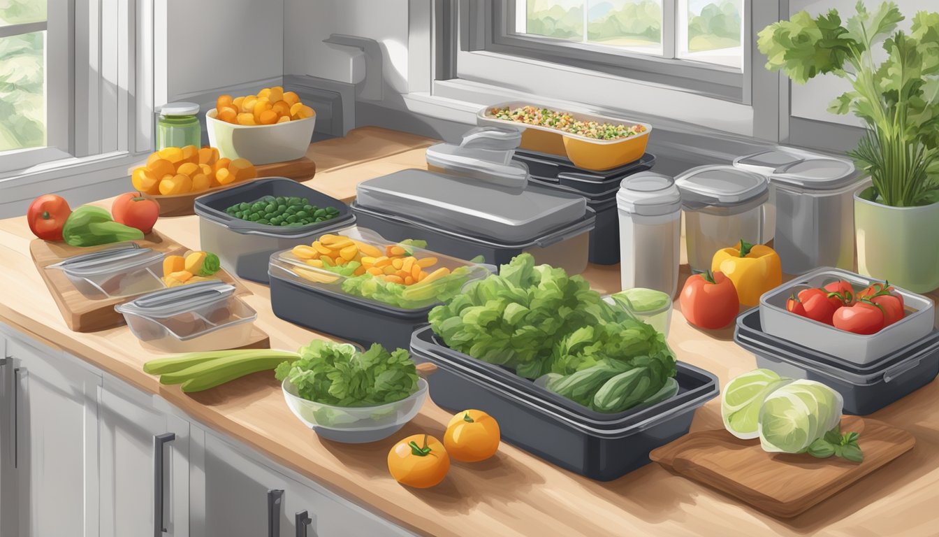 A kitchen counter with organized containers, fresh produce, and cooking utensils for meal prep