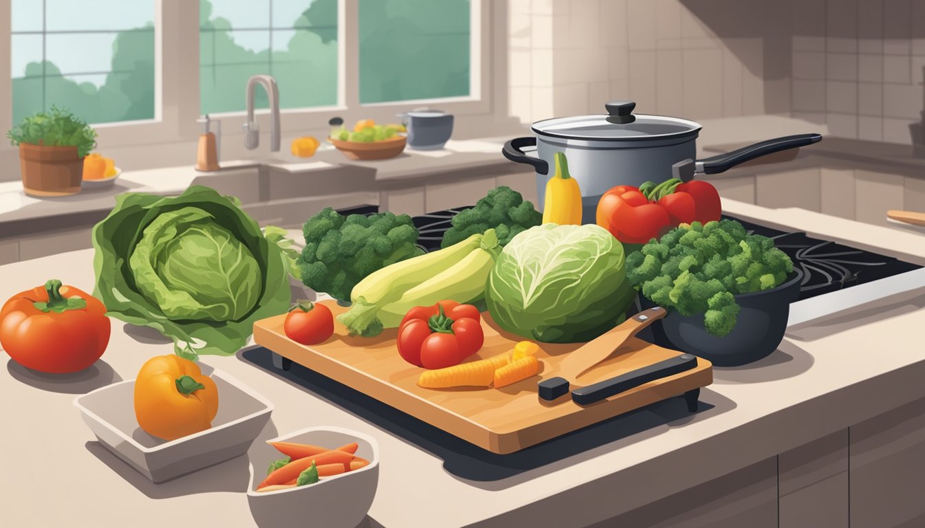 Fresh produce arranged on a kitchen counter next to containers and cooking utensils. A pot simmering on the stove while a cutting board displays chopped vegetables