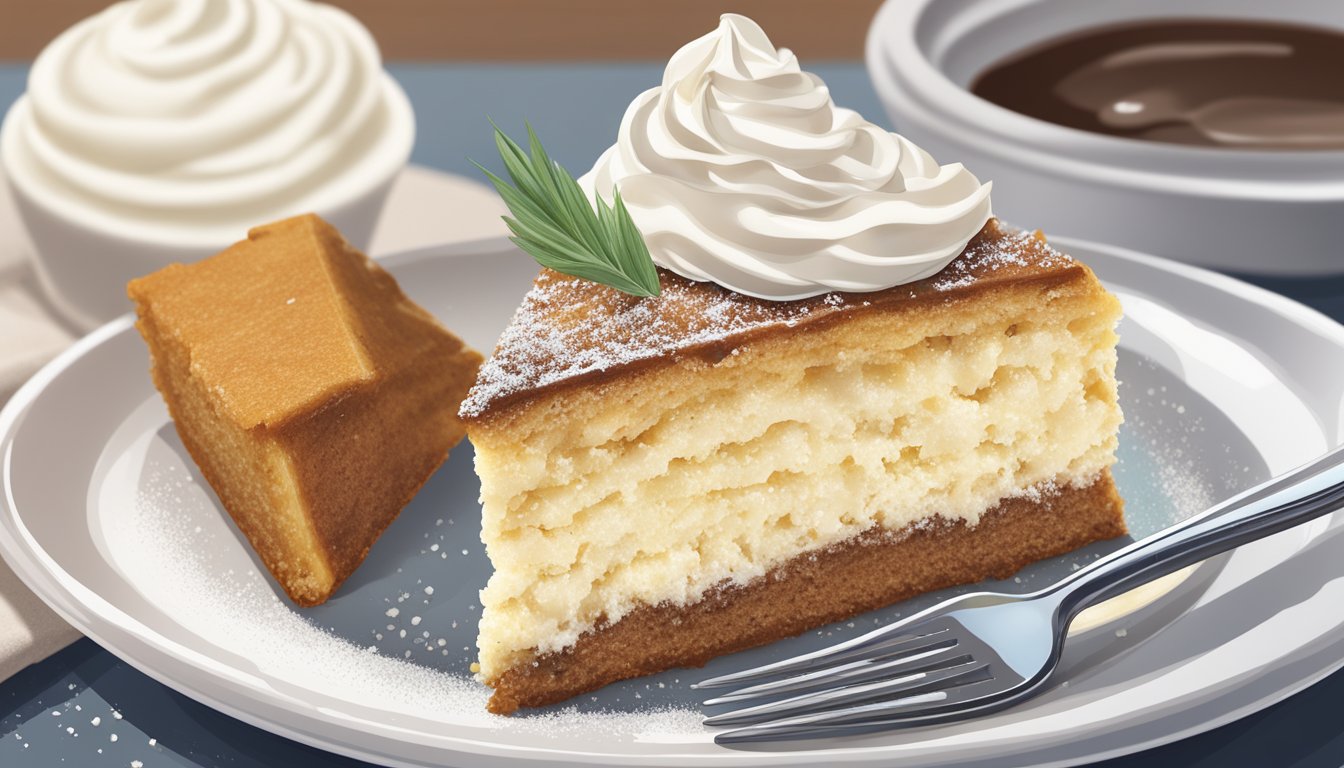 A slice of yucca cake on a white plate with a fork beside it, a dollop of whipped cream and a sprinkling of powdered sugar on top