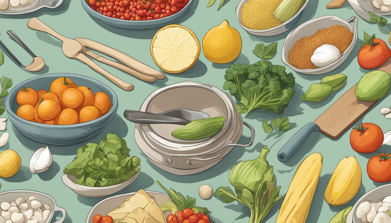 A colorful array of fresh ingredients and cooking utensils arranged neatly on a clean kitchen counter