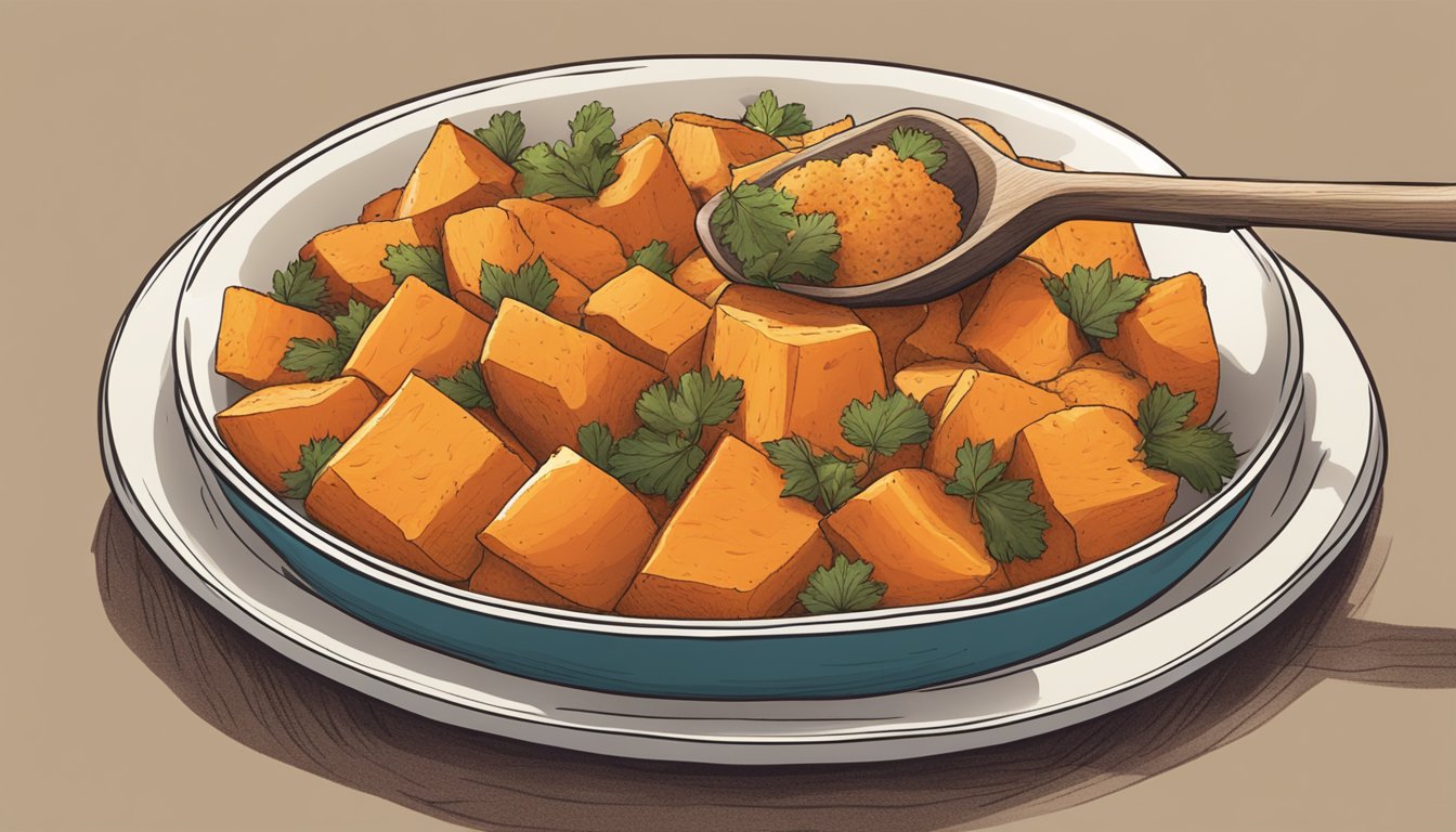 A yam casserole being scooped onto a plate