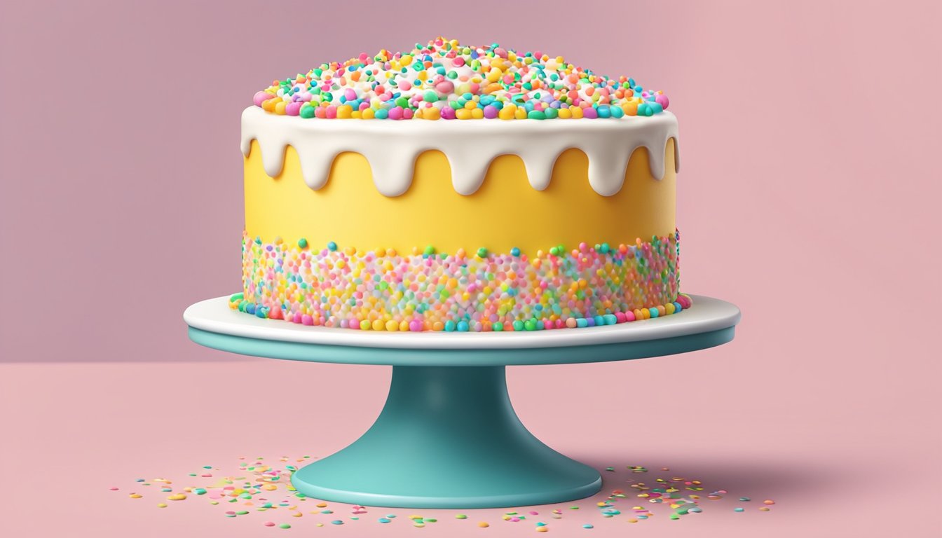 A yellow cake surrounded by a dollop of creamy frosting, topped with colorful sprinkles, and displayed on a decorative cake stand