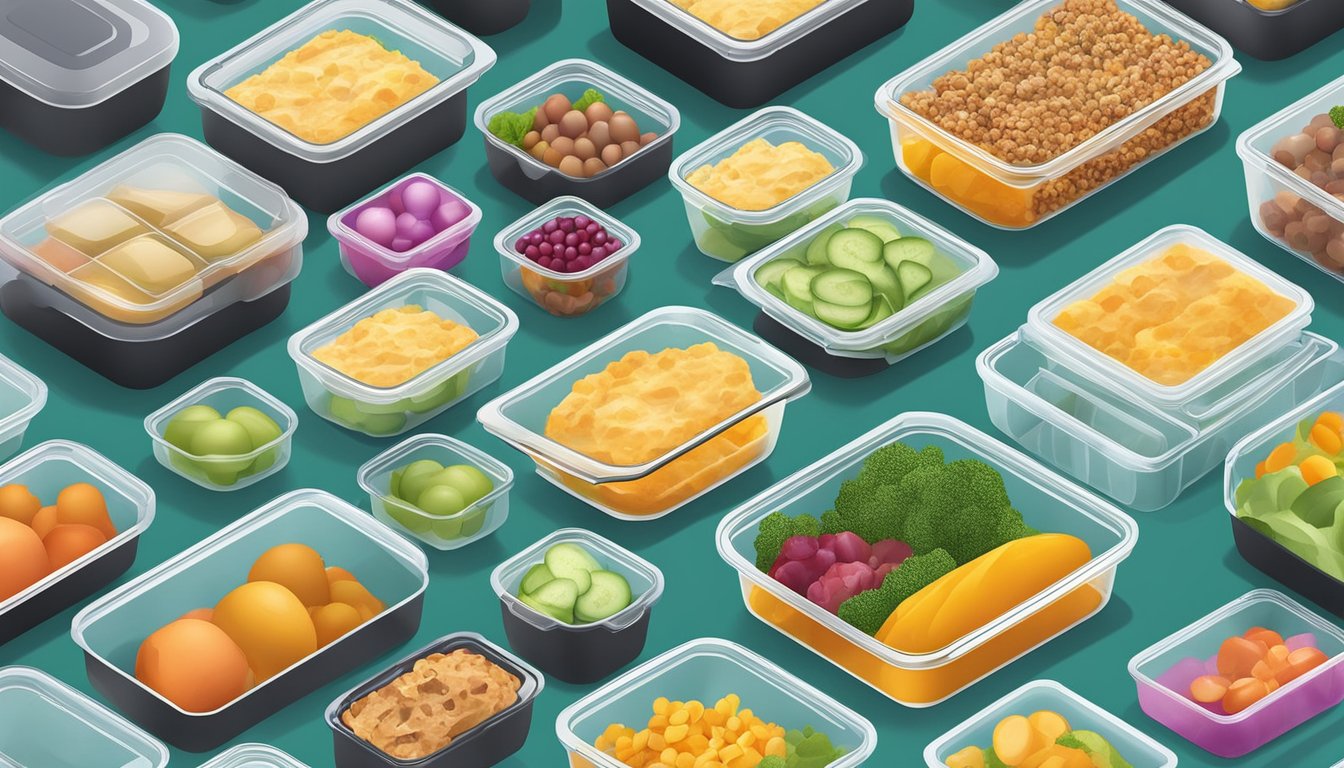 A variety of meal prep containers arranged neatly on a kitchen counter, with different shapes, sizes, and materials