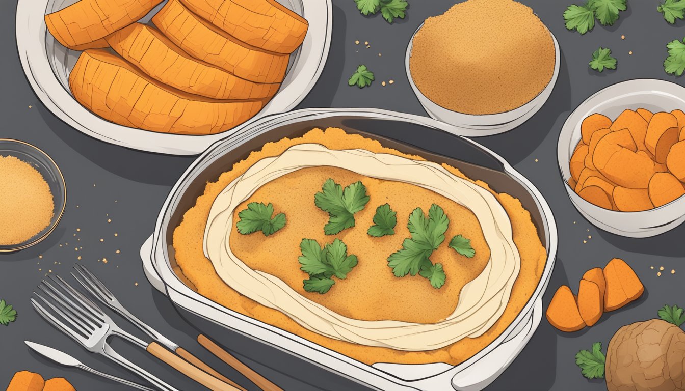 A yam casserole being assembled with layers of sliced yams, a creamy sauce, and a sprinkle of breadcrumbs on top