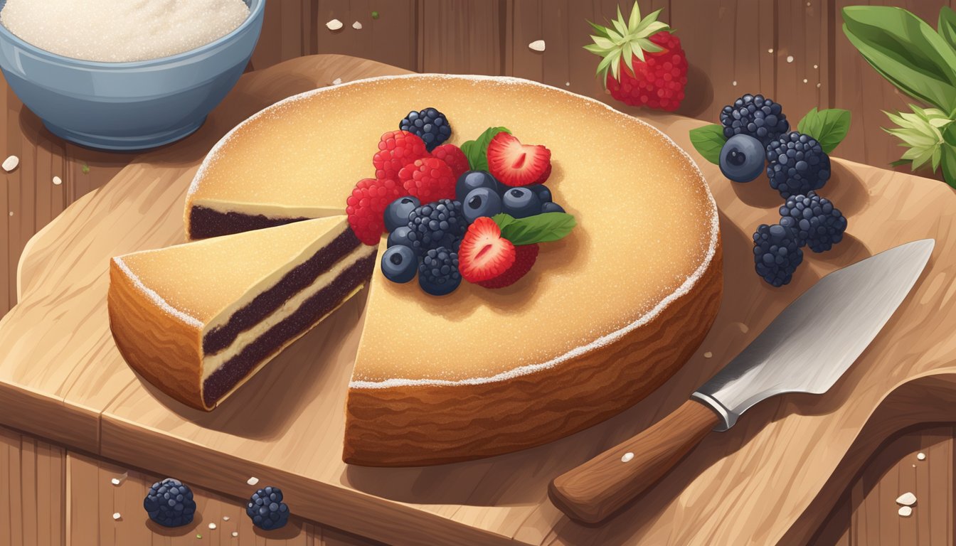 A yucca cake being sliced and served on a wooden cutting board, with a sprinkle of powdered sugar and a garnish of fresh berries on the side