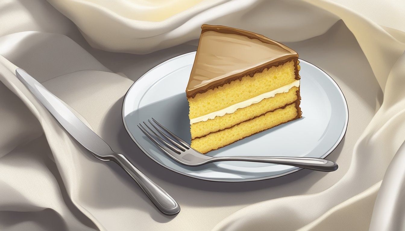 A yellow cake sits on a white plate with a slice missing. A fork rests beside it on a cloth napkin