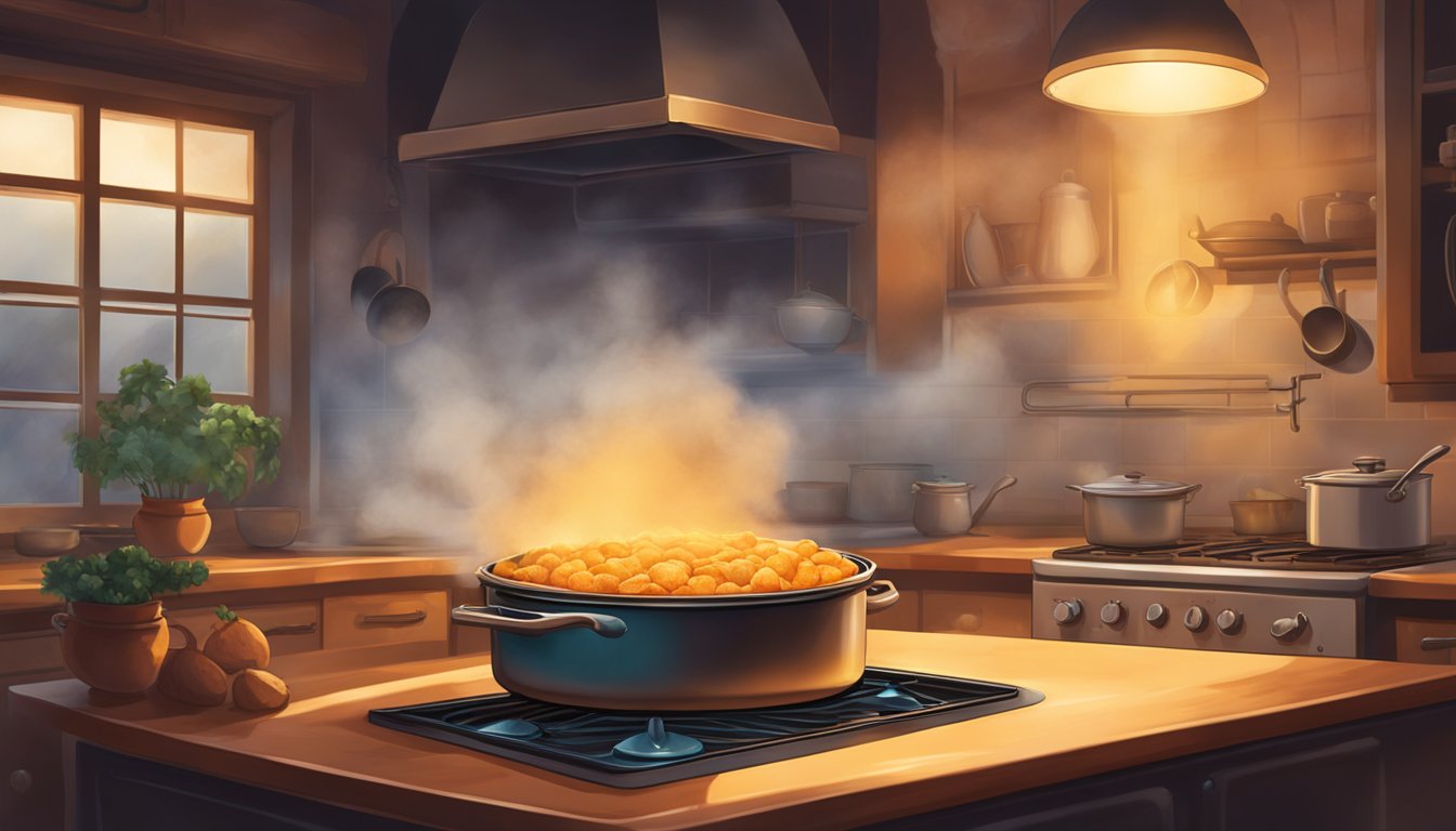 A bubbling yam casserole sits in a vintage oven, surrounded by steam and the warm glow of the kitchen