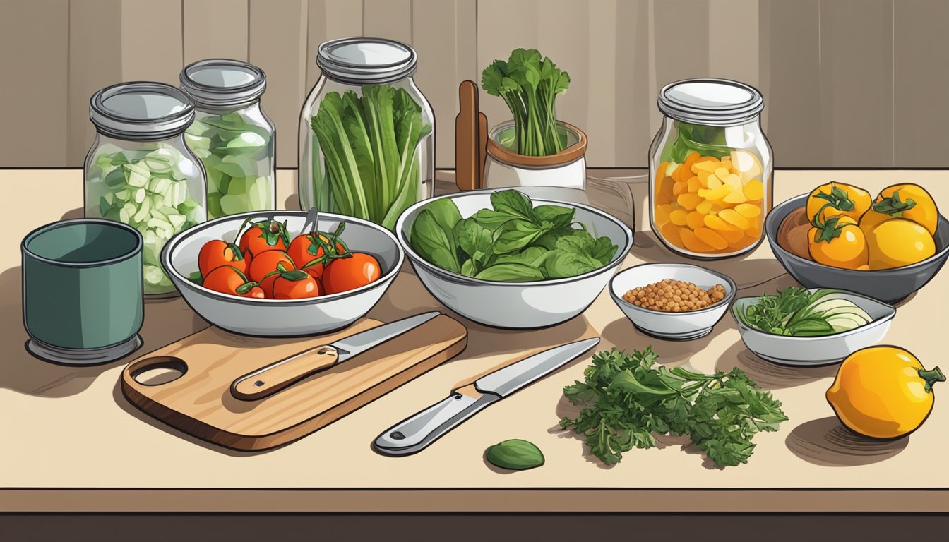 A kitchen counter with assorted fresh ingredients, cutting board, knife, and containers for meal prepping