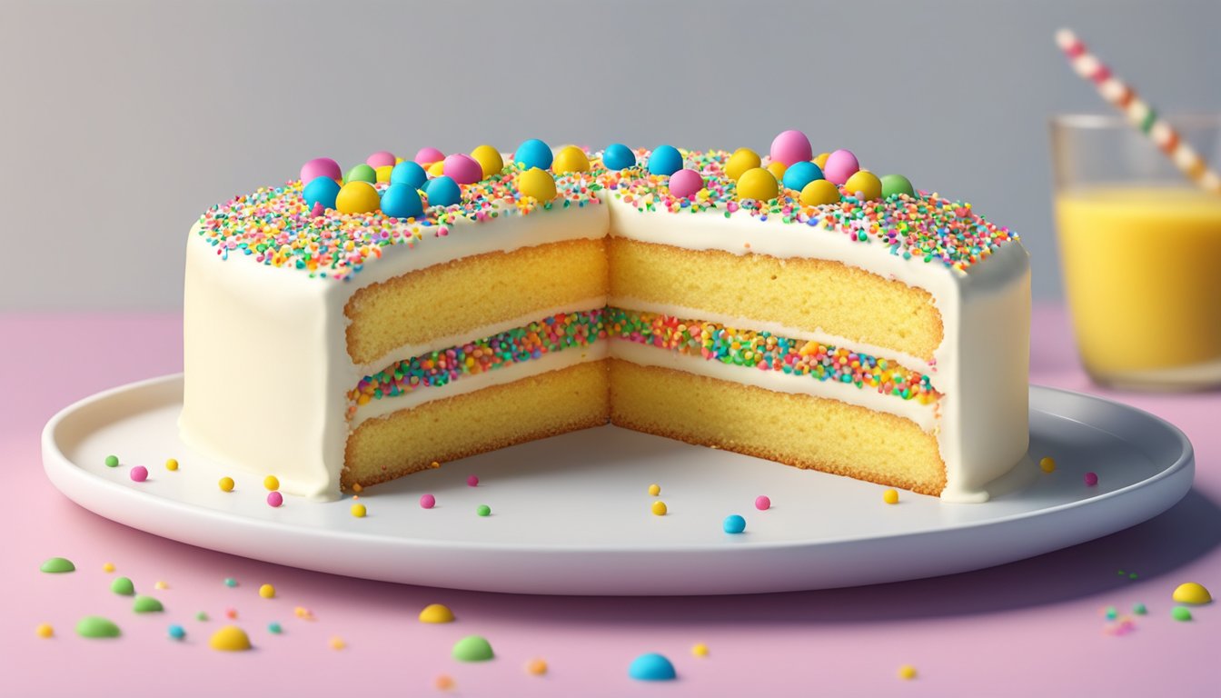 A yellow cake sits on a white plate, topped with smooth icing and colorful sprinkles