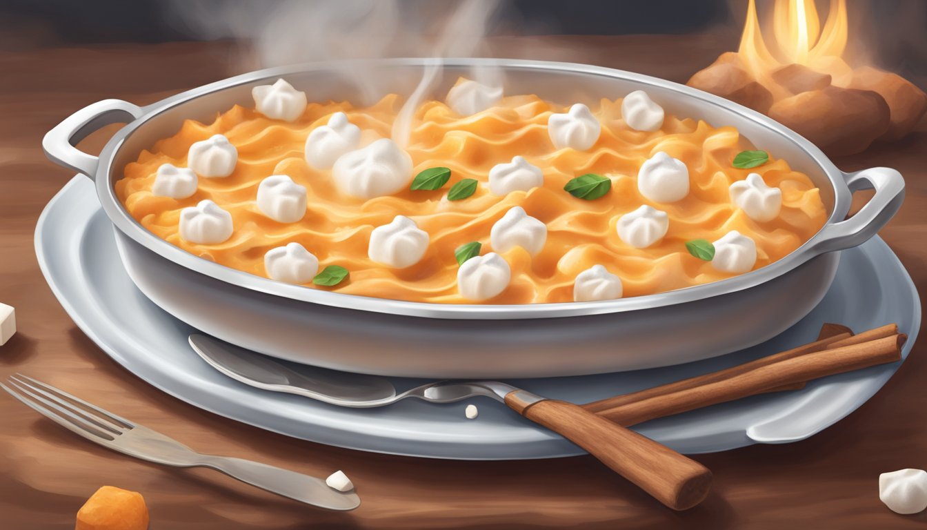 A fork piercing through a creamy yam casserole, steam rising, with a sprinkle of cinnamon and a hint of marshmallows on top