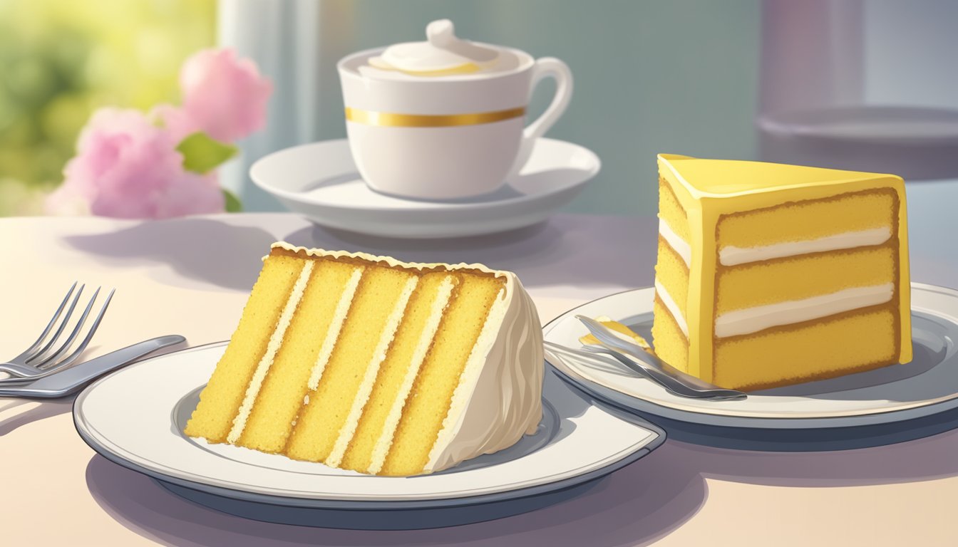 A slice of yellow cake on a plate with a fork beside it, ready to be eaten. A cake stand and a covered cake container in the background