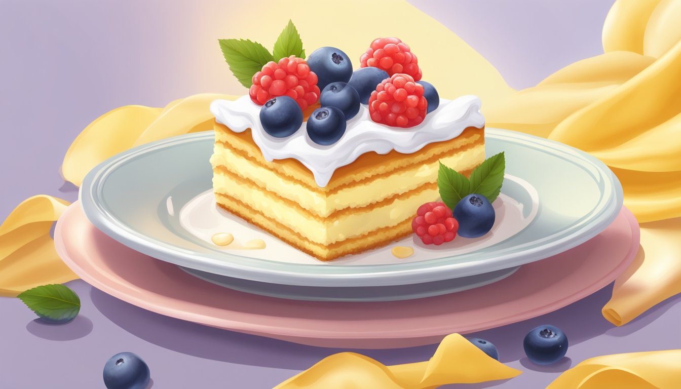 A slice of yellow cake with frosting on a plate, surrounded by a scattering of fresh berries and a dollop of whipped cream