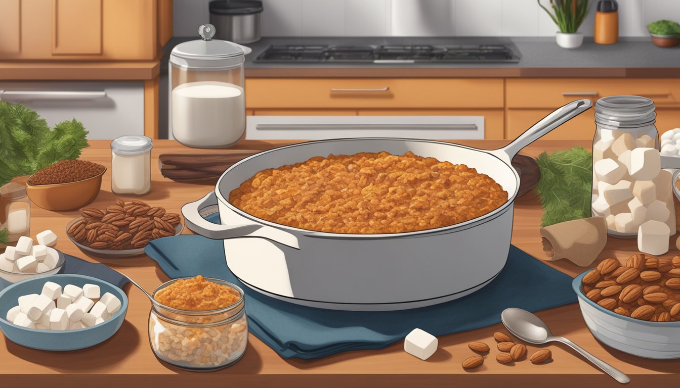 A yam casserole surrounded by various additional ingredients and substitution options, such as marshmallows, pecans, and cinnamon, displayed on a kitchen countertop