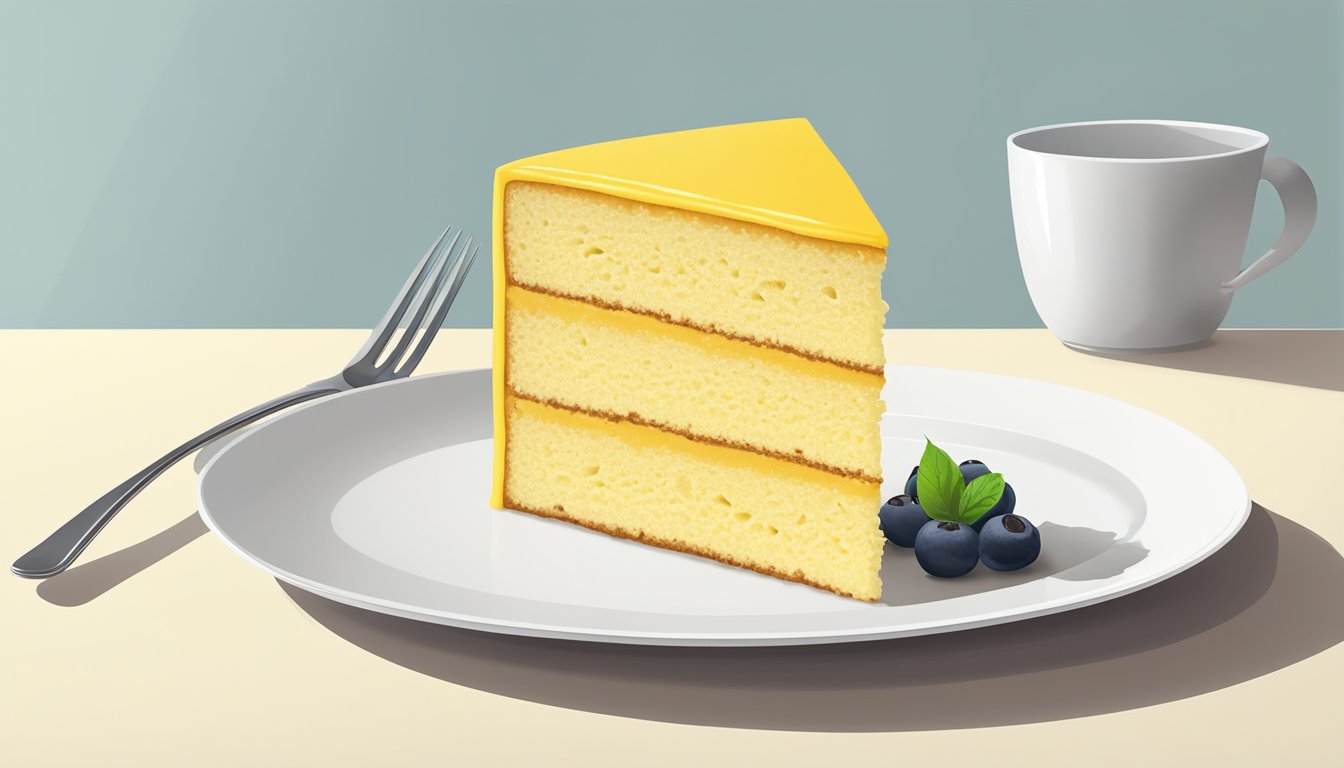 A slice of yellow cake on a white plate with a fork next to it, set against a clean, minimalistic background