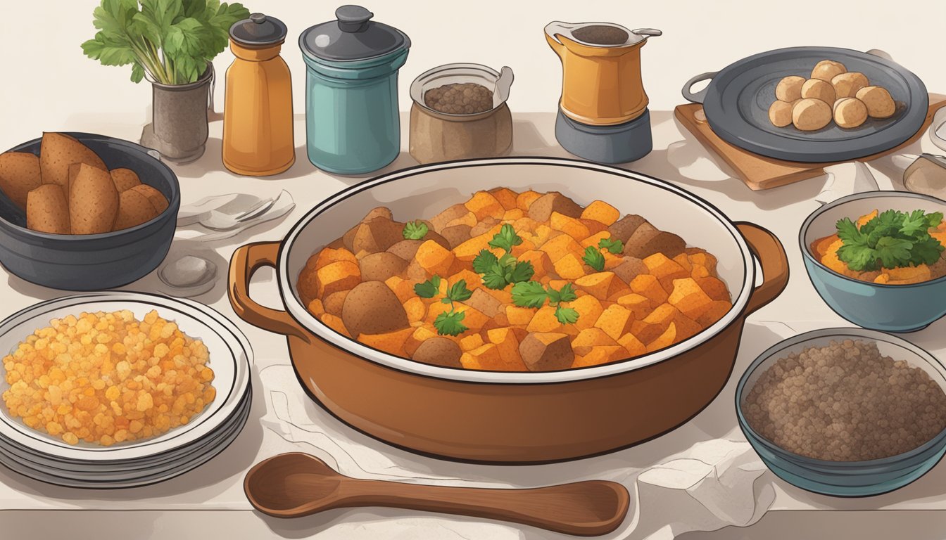 A yam casserole sits on a table surrounded by various utensils and ingredients. A fork is piercing a piece, steam rising from the dish