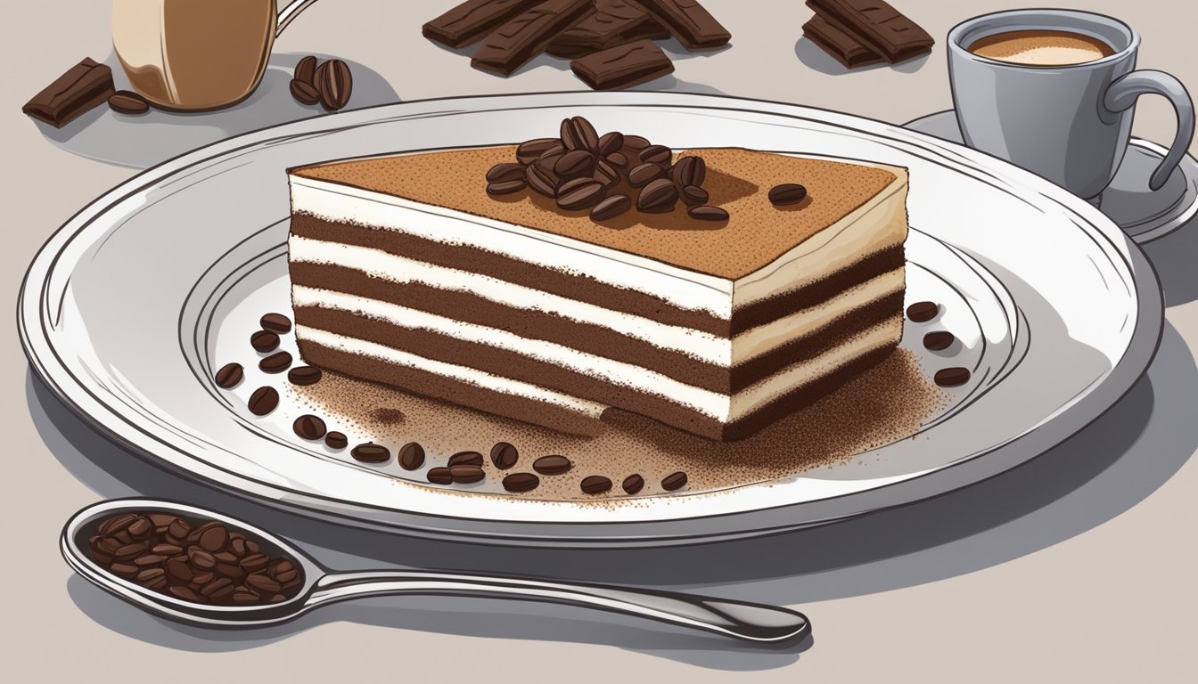 A slice of tiramisu on a white plate, surrounded by cocoa powder and coffee beans. A fork rests beside the dessert