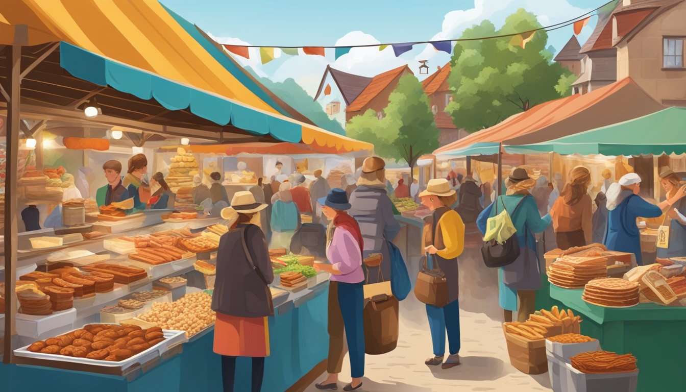 A bustling market stall filled with traditional German Texan food, gifts, and souvenirs. The aroma of sausages and pretzels fills the air as customers browse the colorful displays