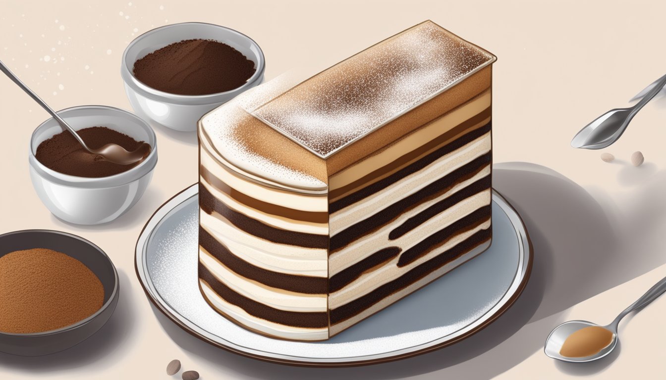 A glass dish of tiramisu being carefully layered with coffee-soaked ladyfingers, creamy mascarpone, and dusted with cocoa powder