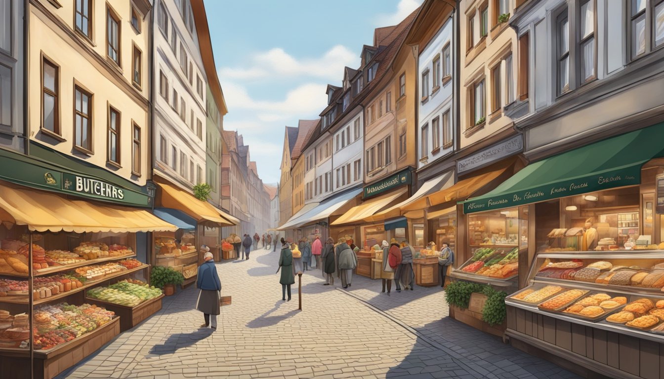 A bustling street lined with traditional German butcher shops and specialty stores, showcasing a variety of delicatessens and specialty food items