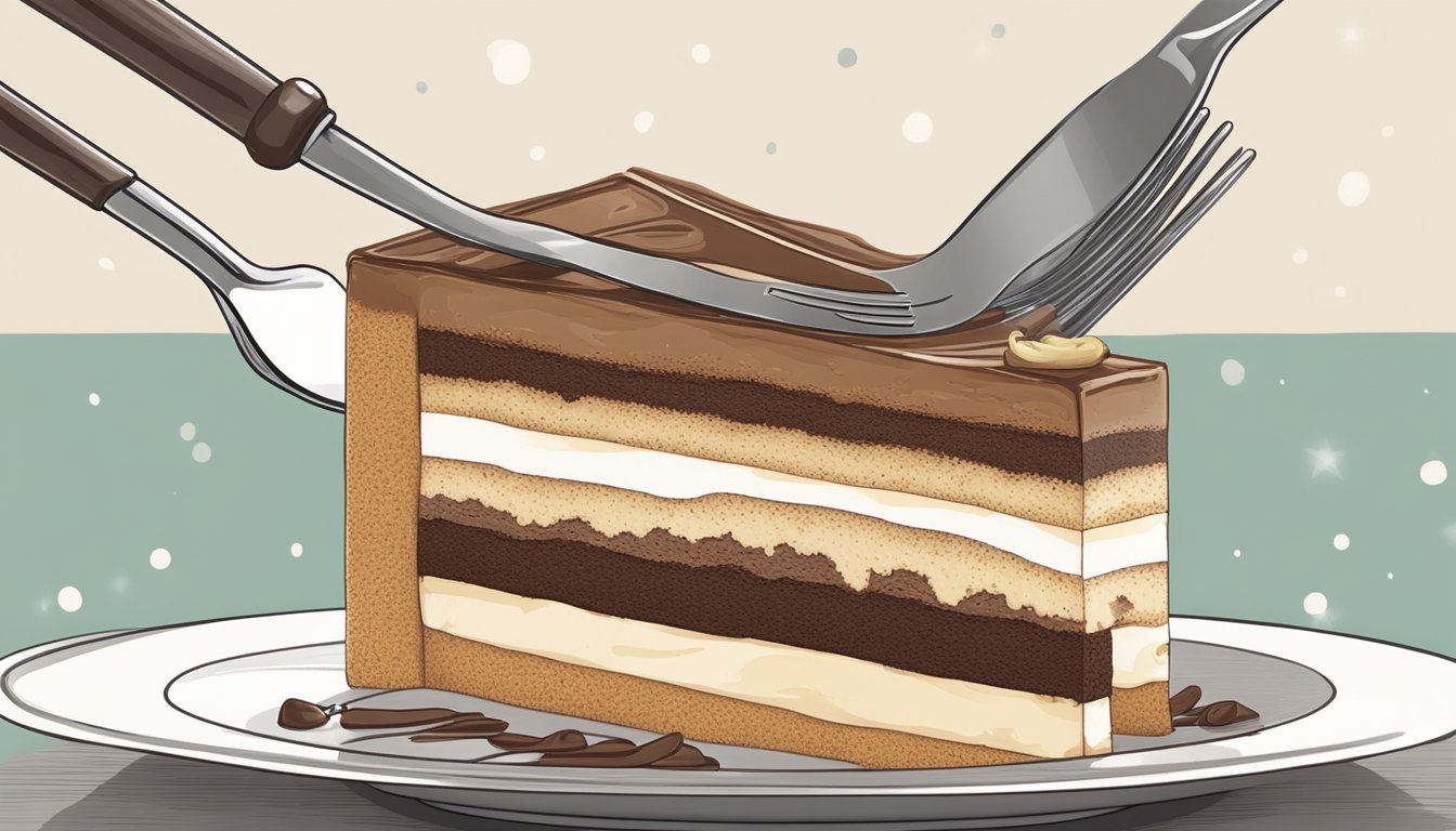 A slice of tiramisu being lifted from a dish with a fork