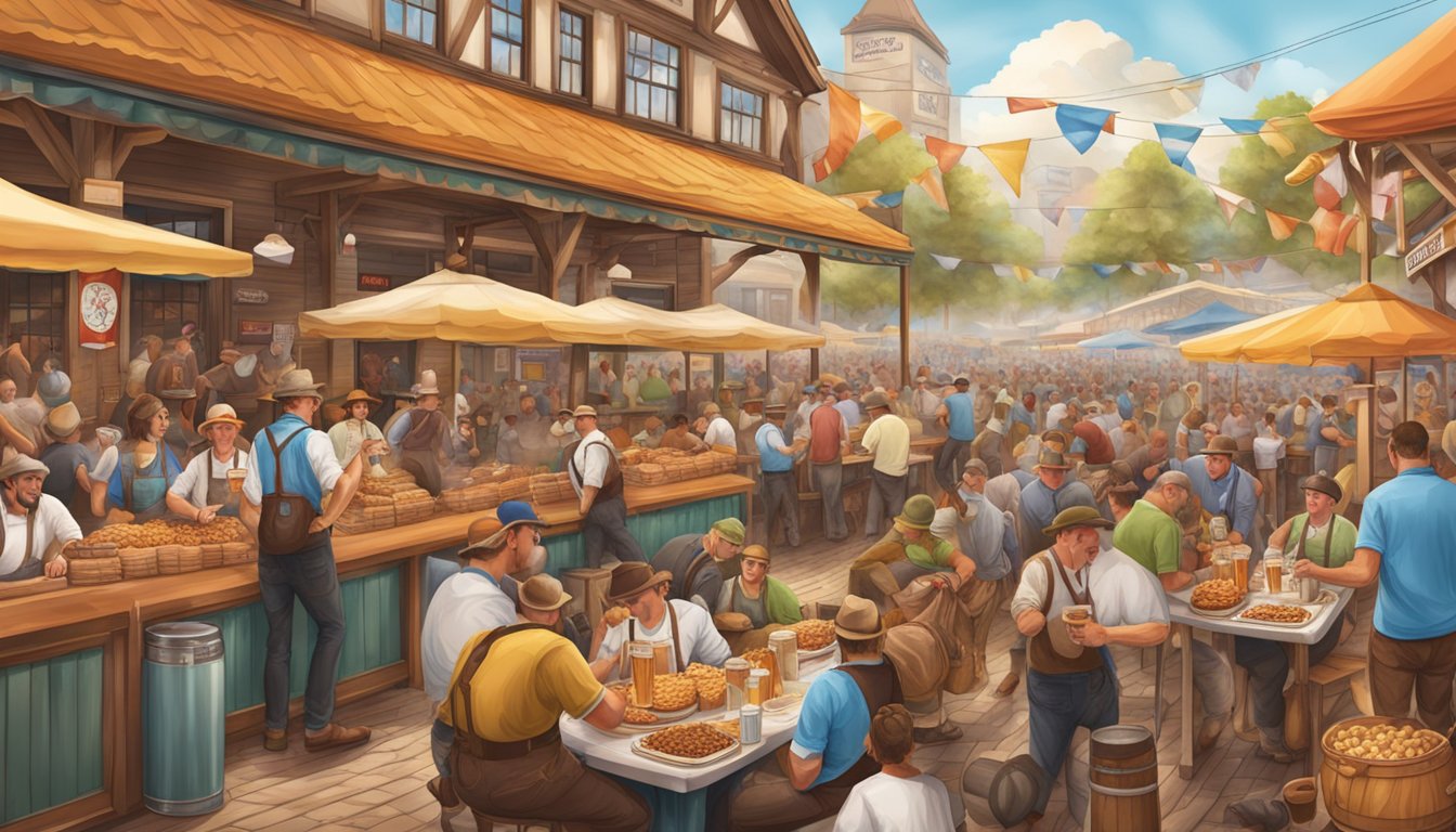 A bustling Texas Oktoberfest with steaming bratwurst, pretzels, and frothy beer pairings