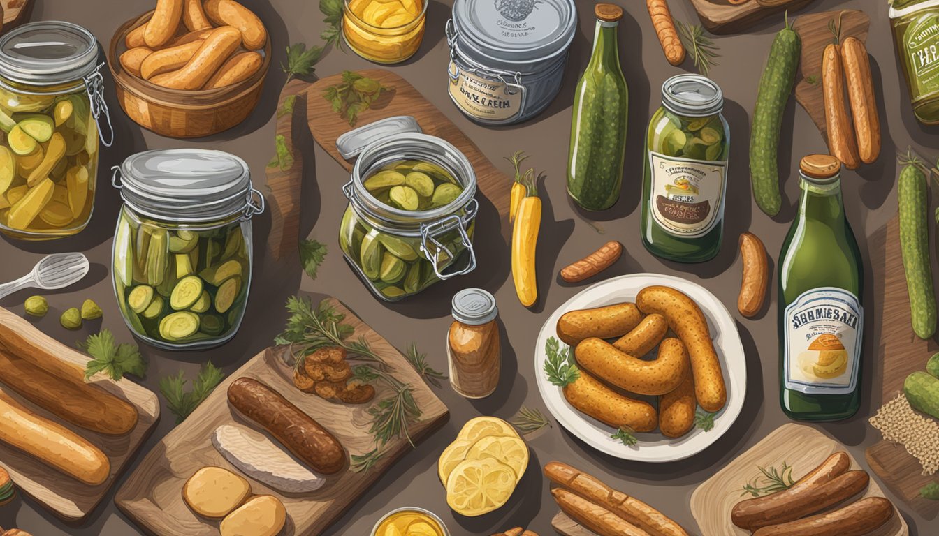 A table adorned with German-Texan food gifts and souvenirs, including jars of pickles, sausages, and bottles of craft beer