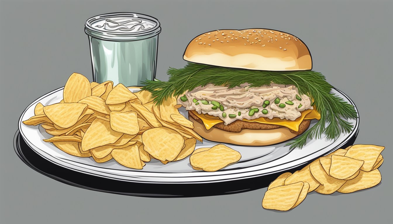 A plate with a freshly made tuna melt sandwich, surrounded by a handful of potato chips and a dill pickle spear