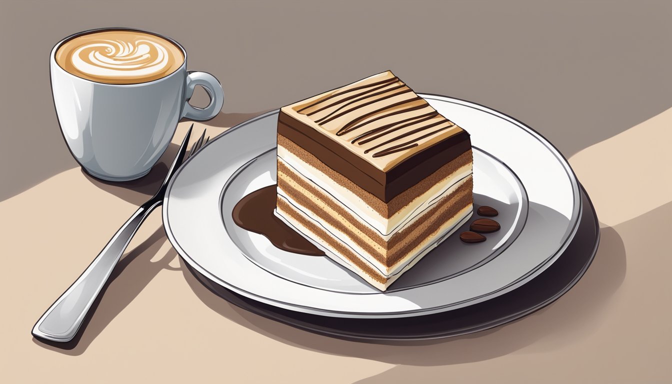 A slice of tiramisu on a plate with a fork alongside a cup of espresso