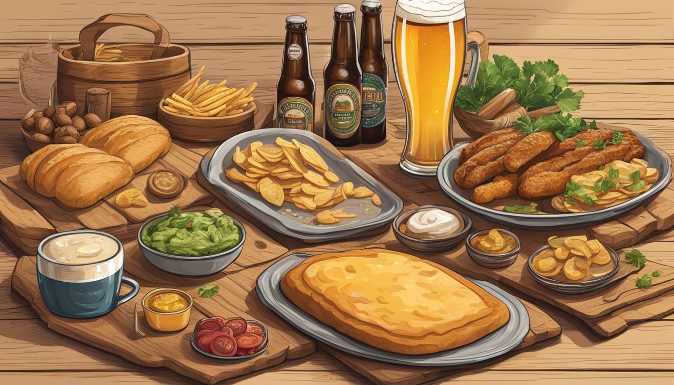 A rustic wooden table displays a spread of German and Texan food alongside various types of beer, creating a picturesque food and beer pairing guide