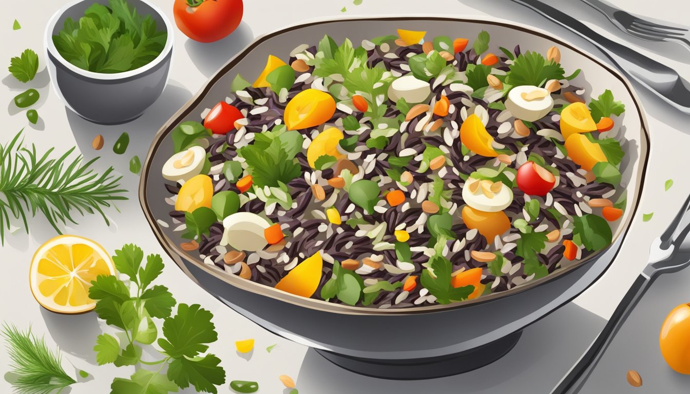 A bowl of wild rice salad with colorful vegetables and a light vinaigrette dressing, garnished with fresh herbs and a sprinkle of toasted nuts